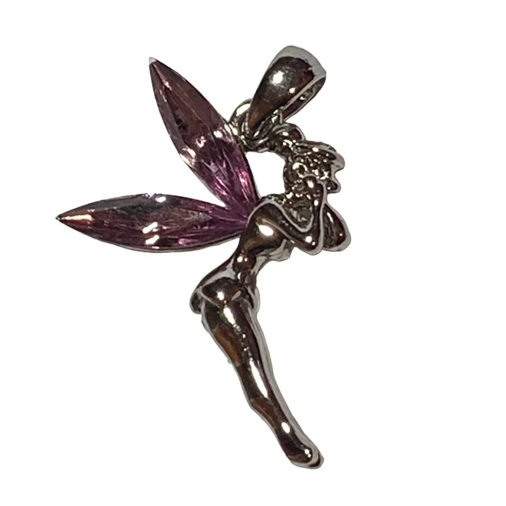 Unbranded Fairy Stainless Steel‎ Charm Pink Crystal Encrusted Wings Pendant